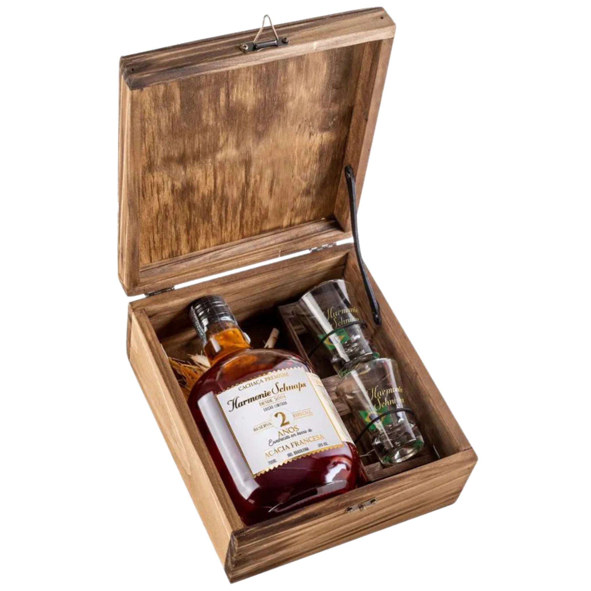 Kit 1 Cachaça Harmonie Schnaps Envelhecida Acácia Francesa 700ml Com 2 Copos