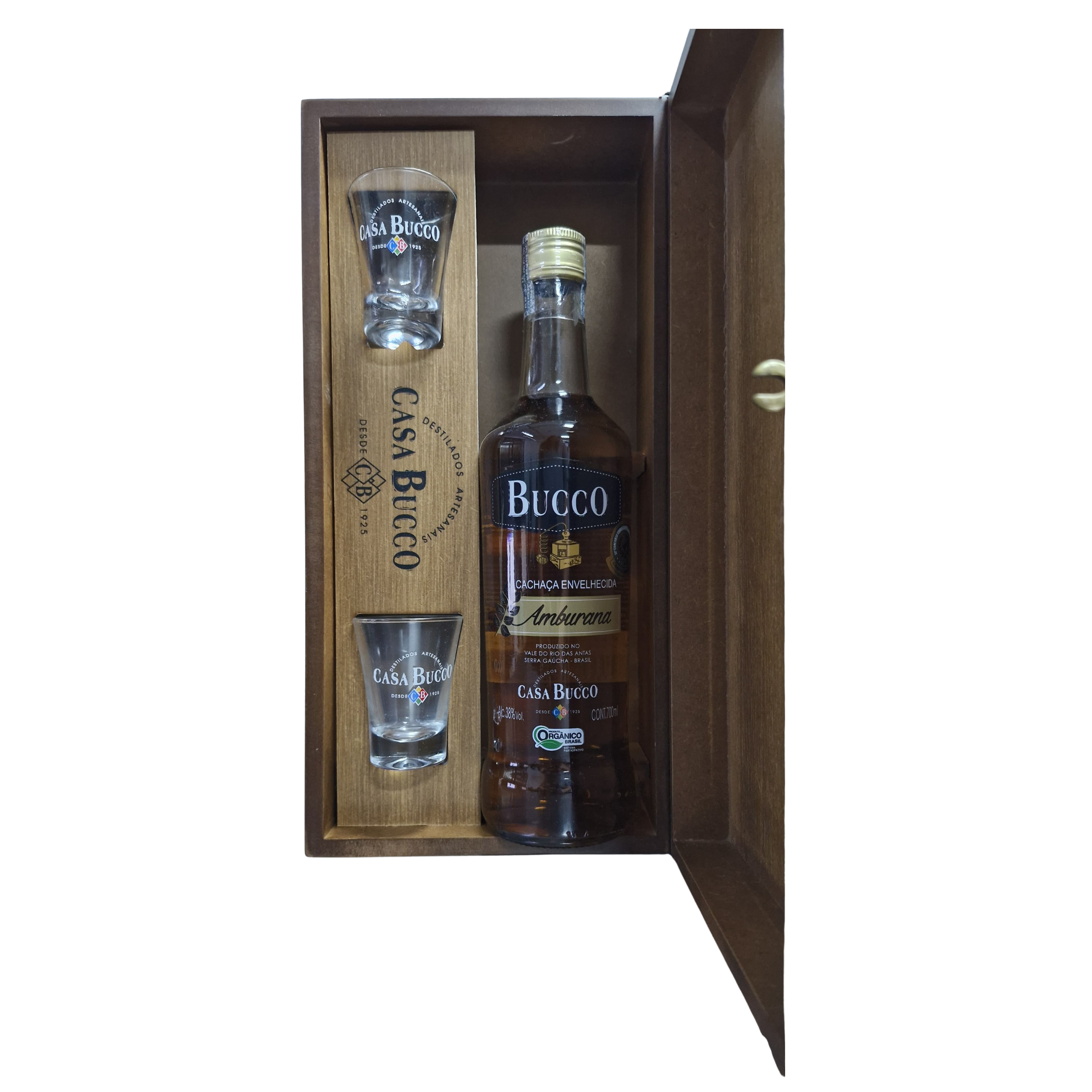 Kit Cachaça Casa Bucco Amburana 700ml com 2 Copos