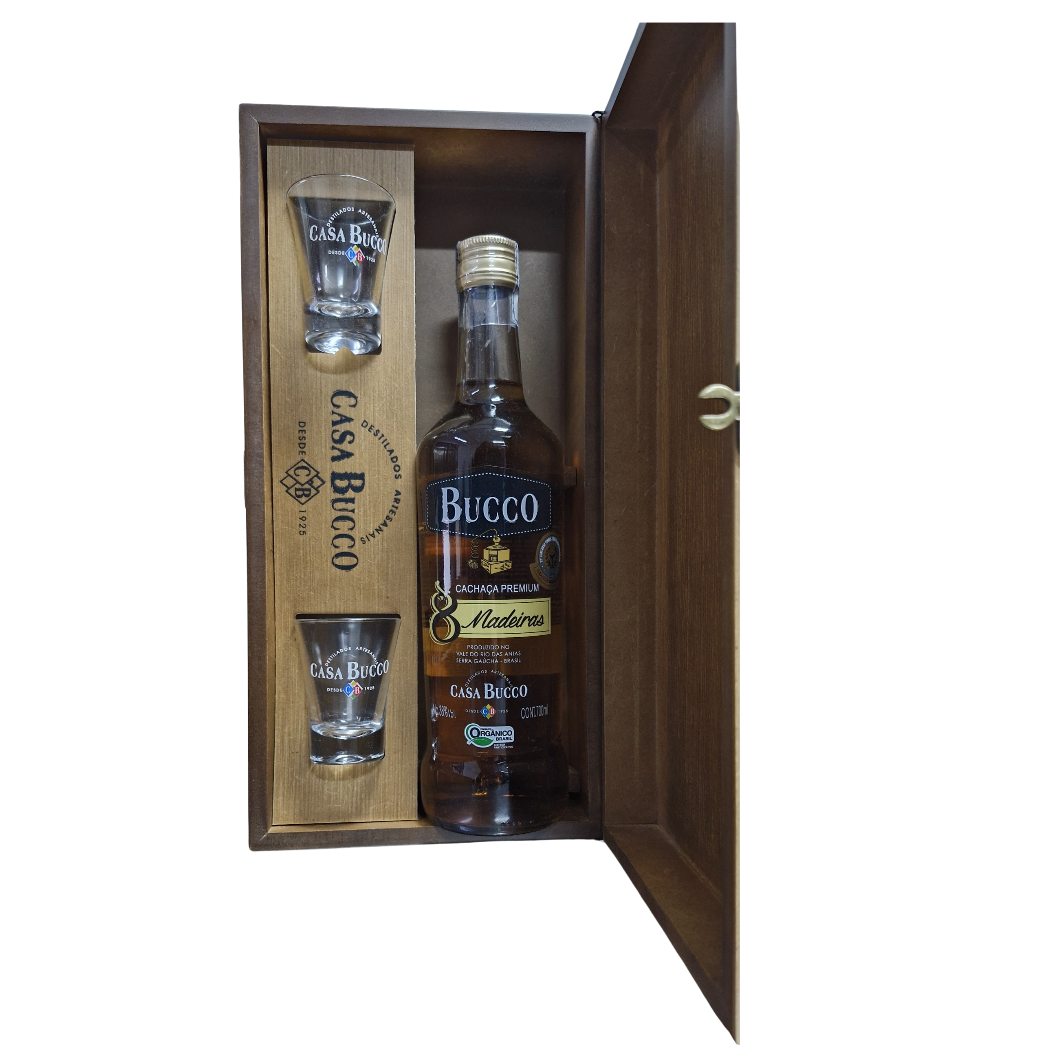 Kit Cachaça Casa Bucco 8 Madeiras 700ml com 2 Copos